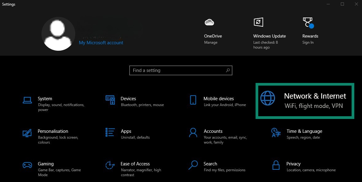 Windows 10 Settings menu highlighting Network & Internet.