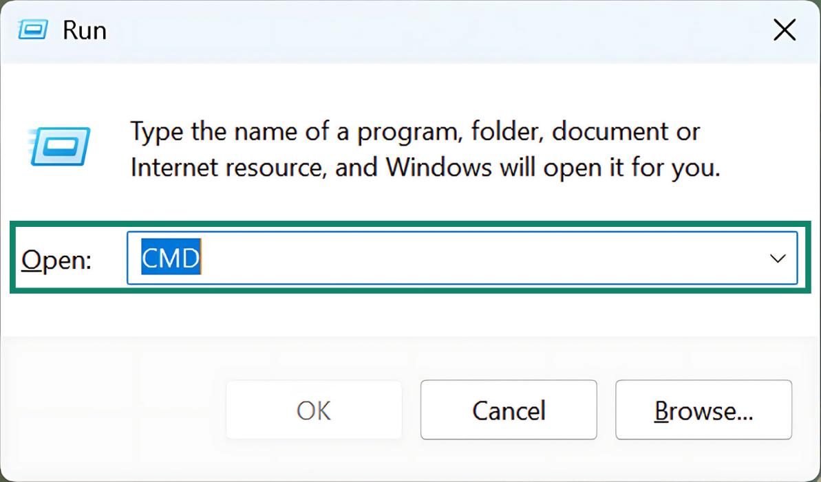 Type "CMD" into the Run program to open the Command Prompt.