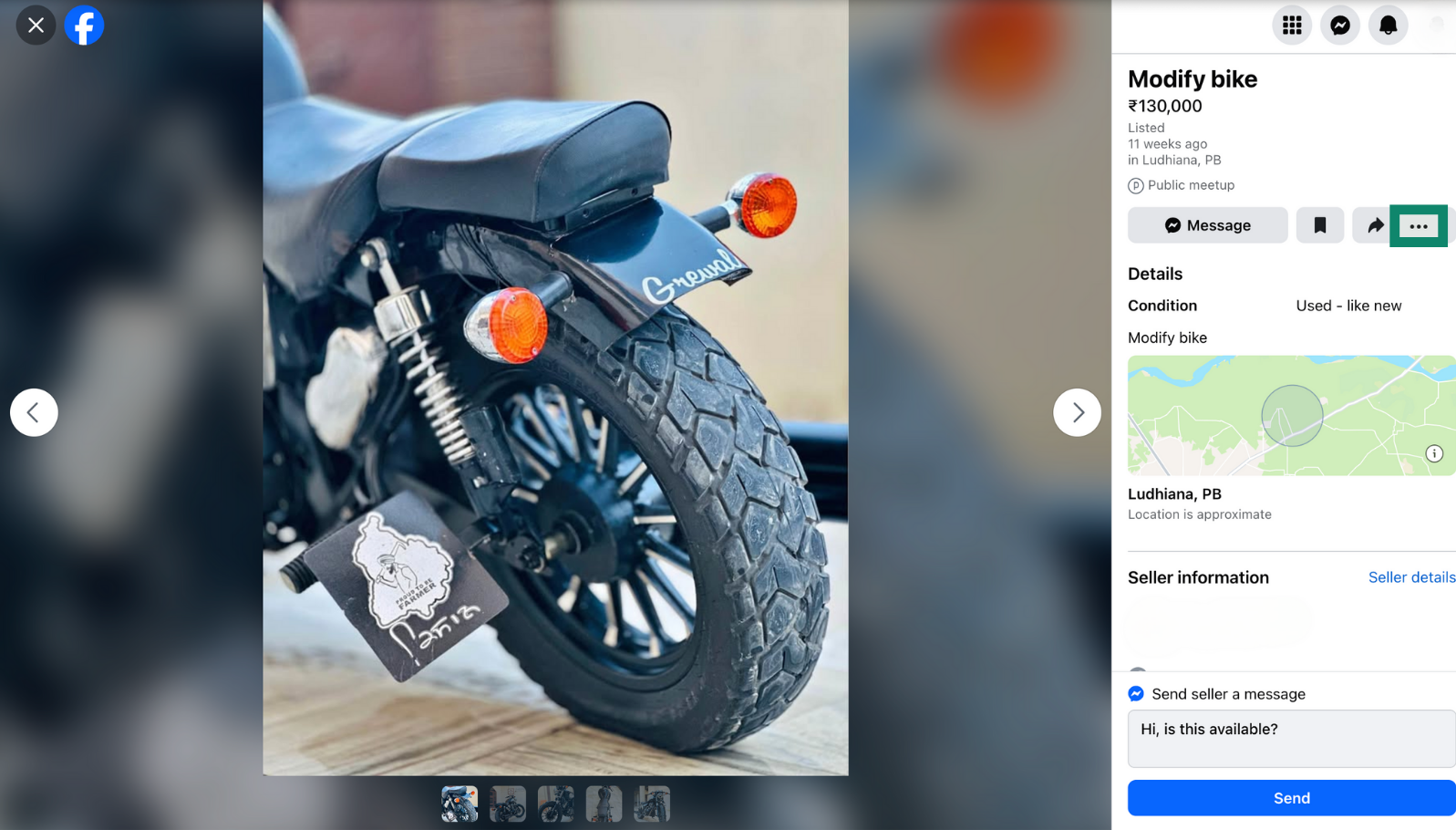 A Facebook Marketplace listing showing a bike for sale