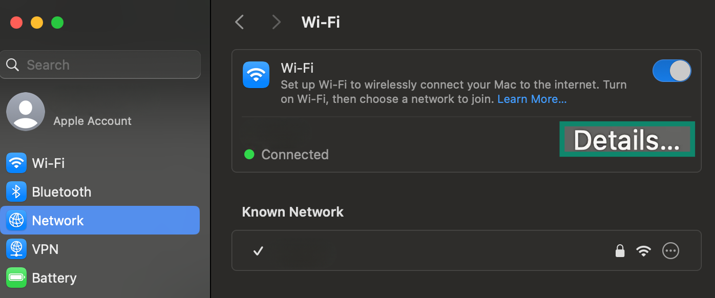 Details button in macOS Wi-Fi settings.