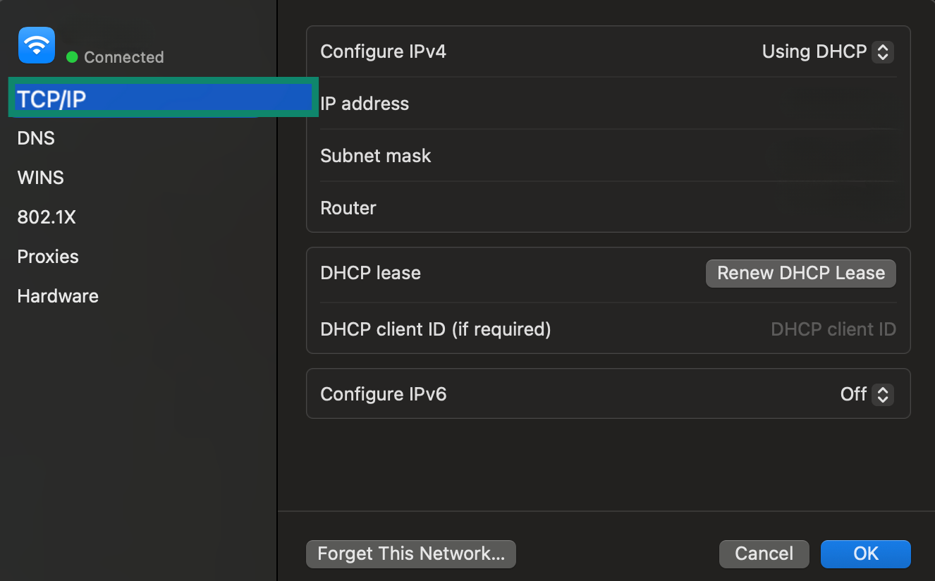 TCP/IP tab in macOS settings.
