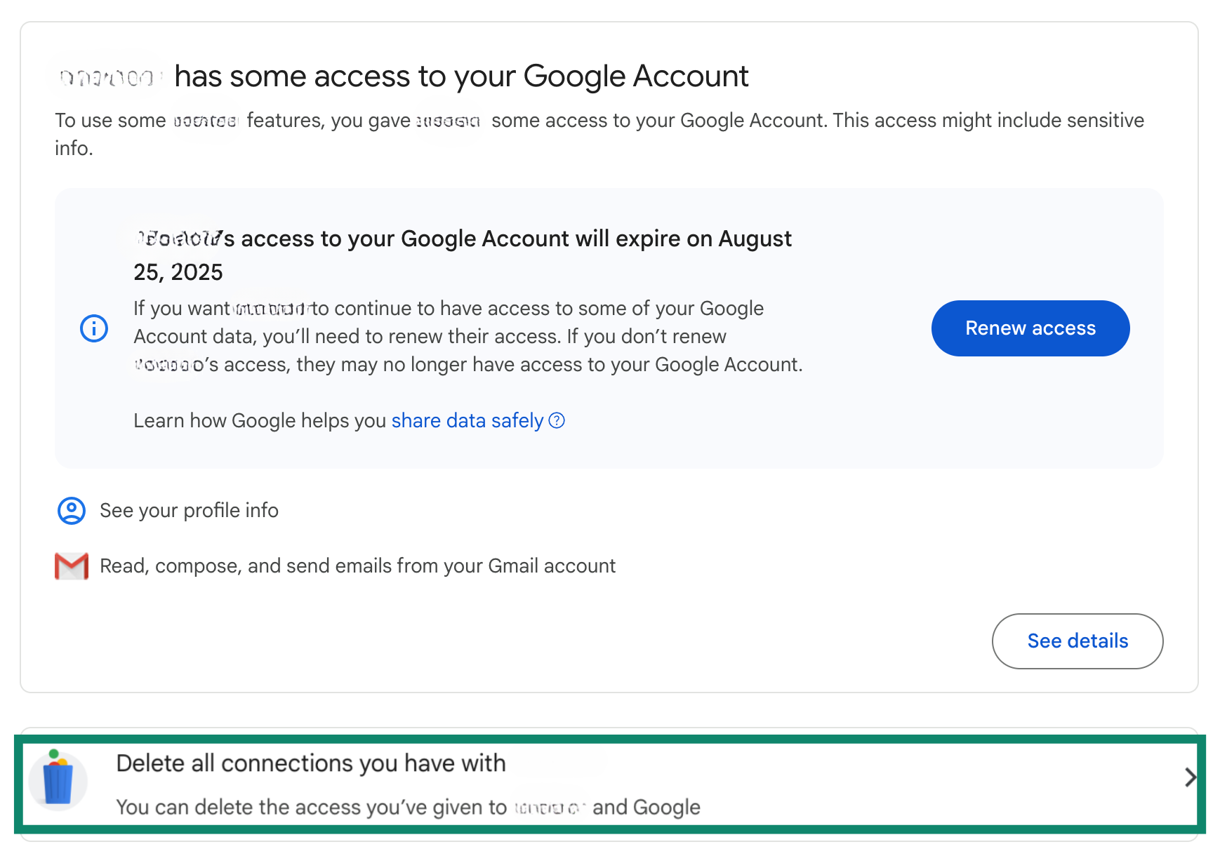 Screen showing how to delete a third-party app's access on Google.