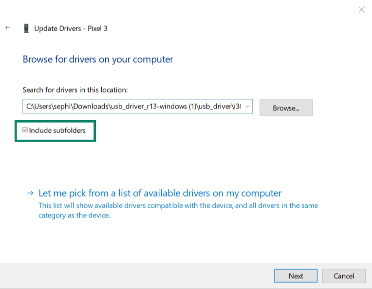 Windows driver update folder path include subfolders checked
