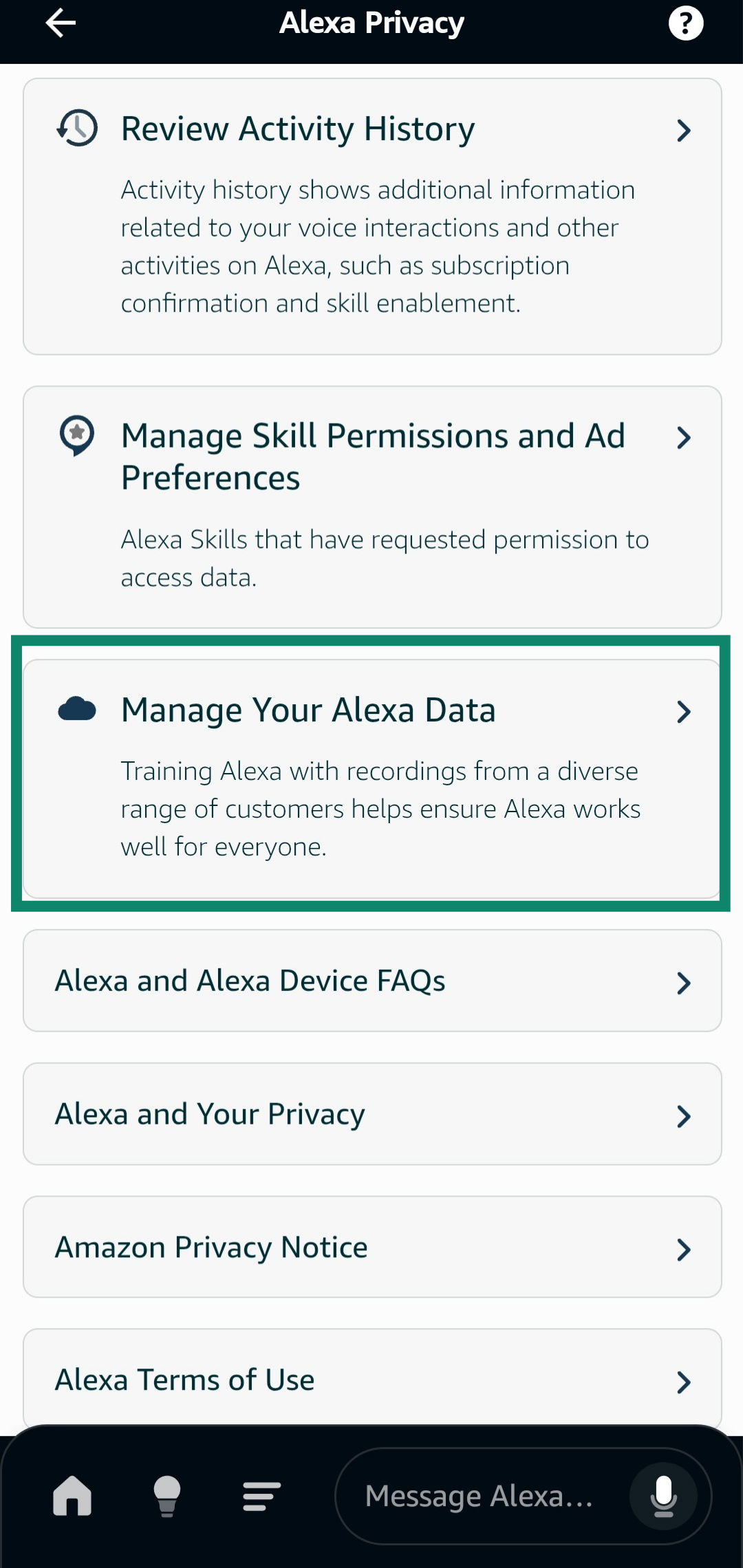 Accessing the Manage Your Alexa Data menu in the Amazon Alexa app.