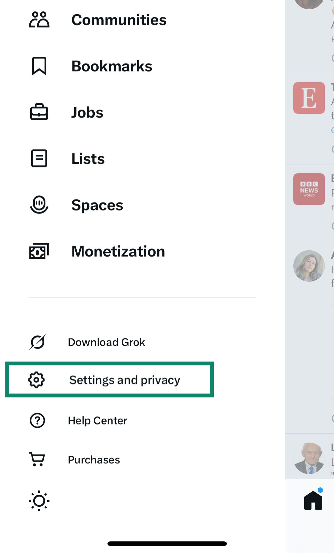 Screenshot of the X app navigation menu on an iPhone, with the "Settings and privacy" option highlighted to show the first step in the deactivation process.