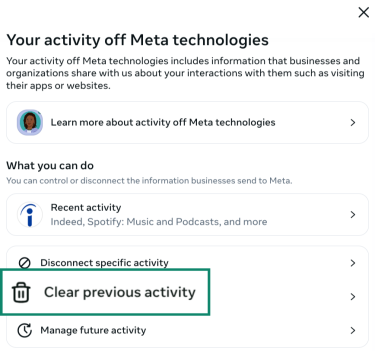 Settings menu for managing off Meta activity showing the option to clear history.