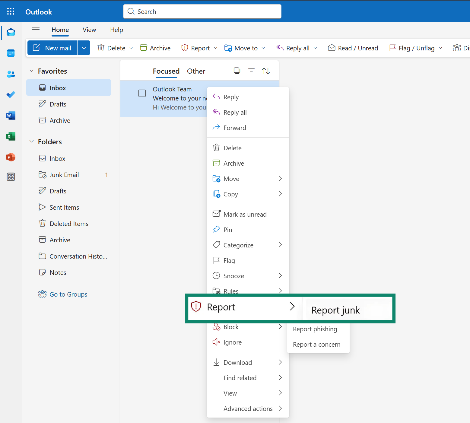 Outlook's report junk email options.
