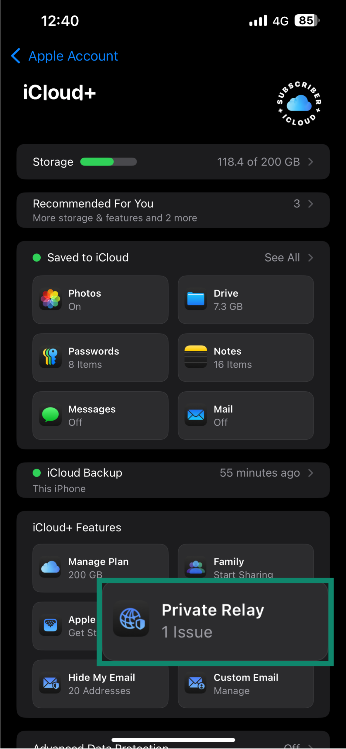 iCloud settings menu, showing the Private Relay option.