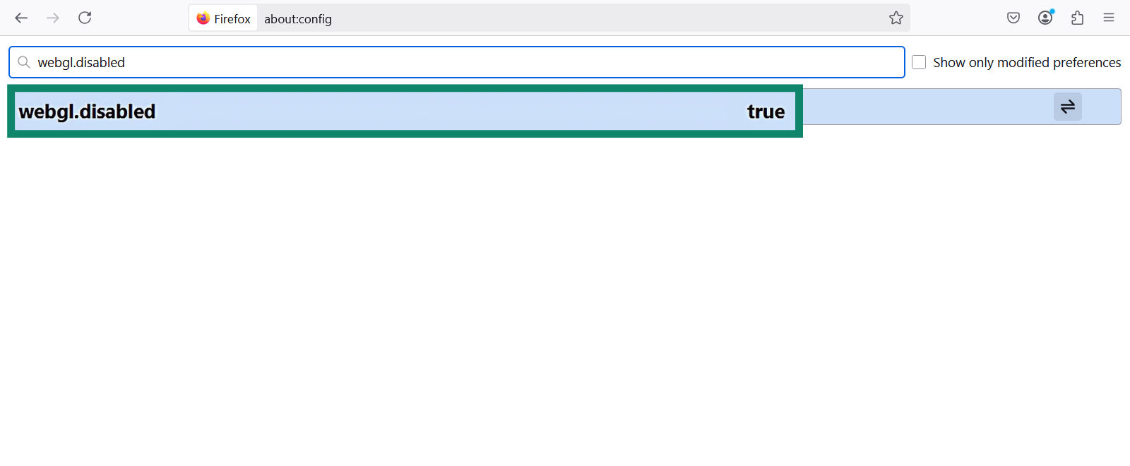 The Firefox about:config menu with webgl.disabled highlighted.
