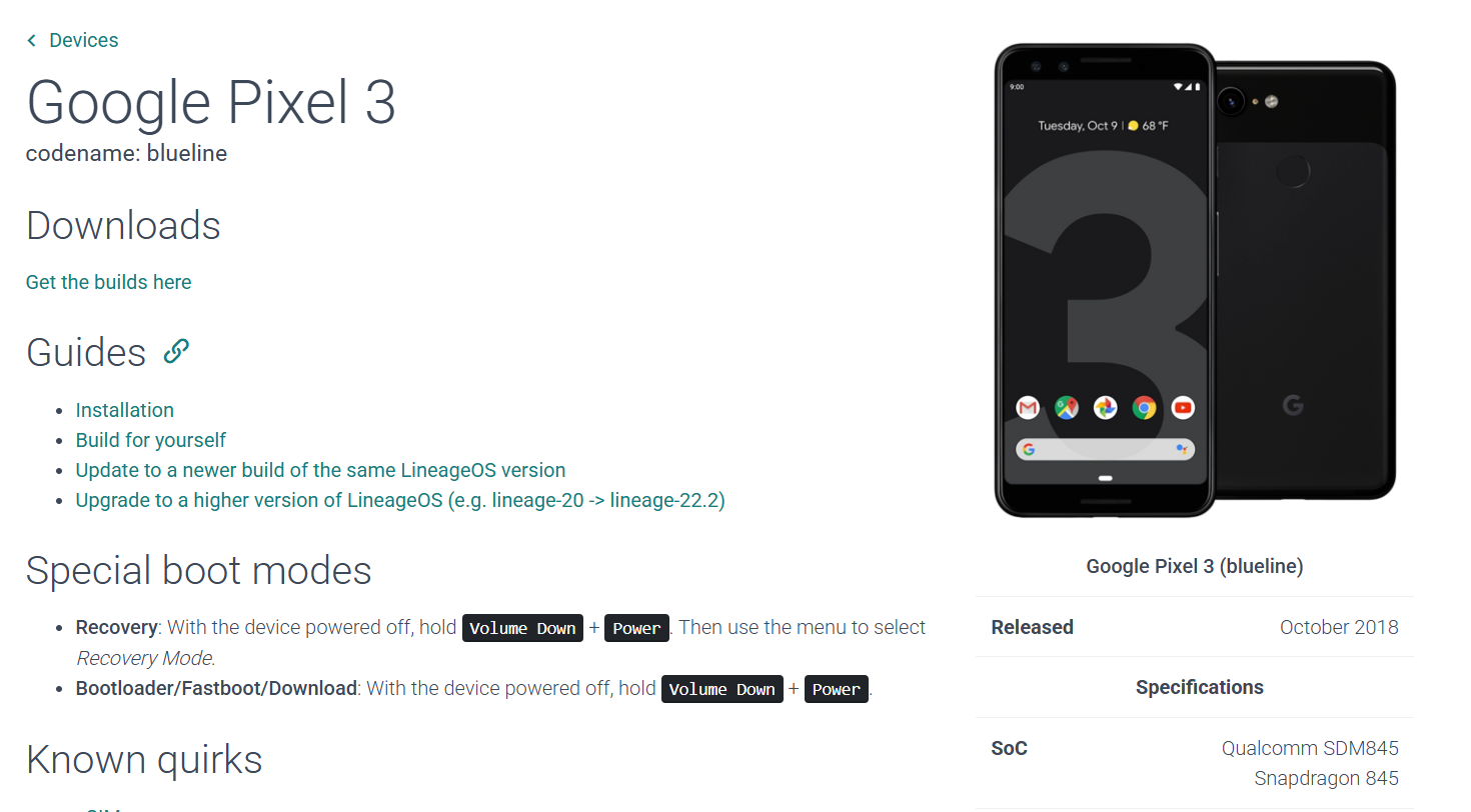 LineageOS Pixel 3 downloads and guides page