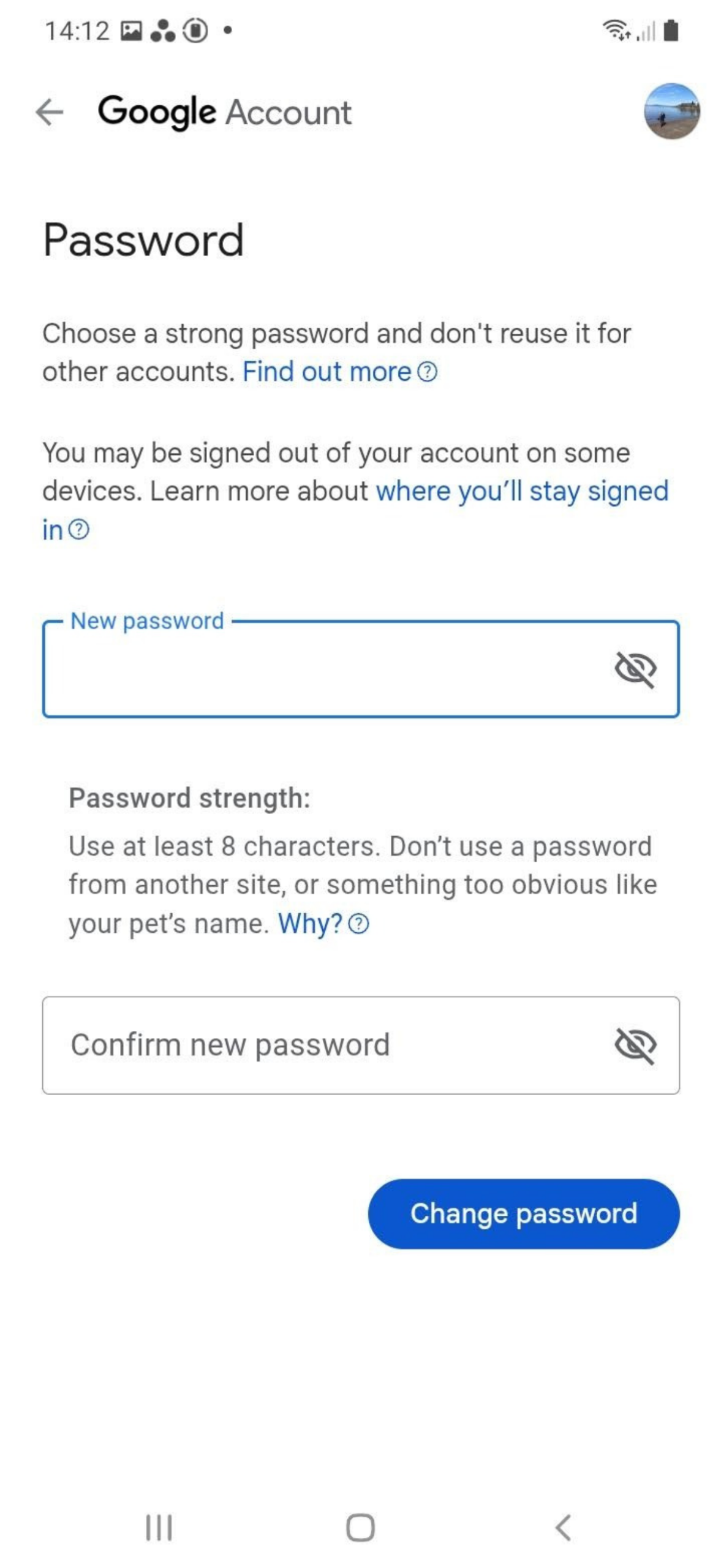 Change Google password screen on an Android.