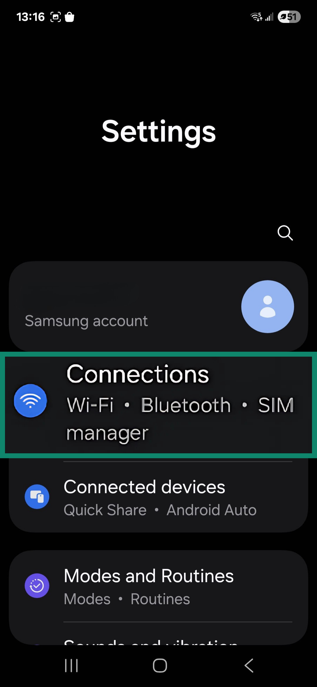 Android Settings menu highlighting Connections.