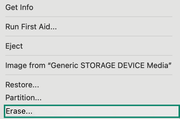 Right-click menu for a USB flash drive in Disk Utility with the Erase option highlighted.