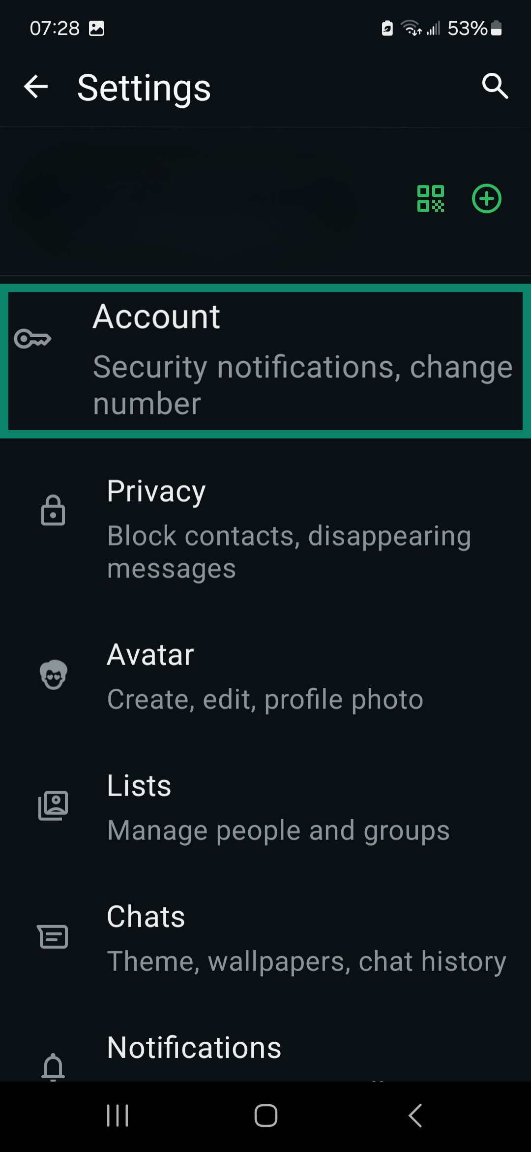 WhatsApp Settings menu highlighting Account.