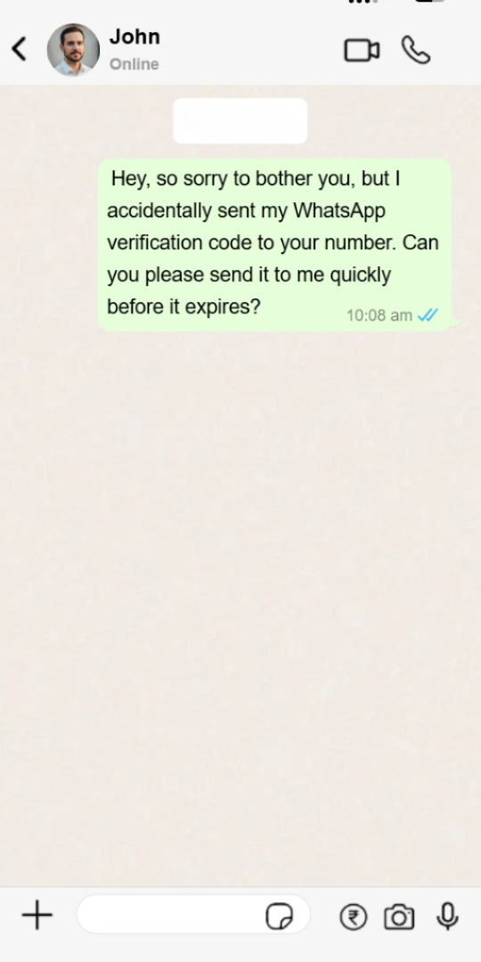 A scammer trying to get hold of a WhatsApp verification code.