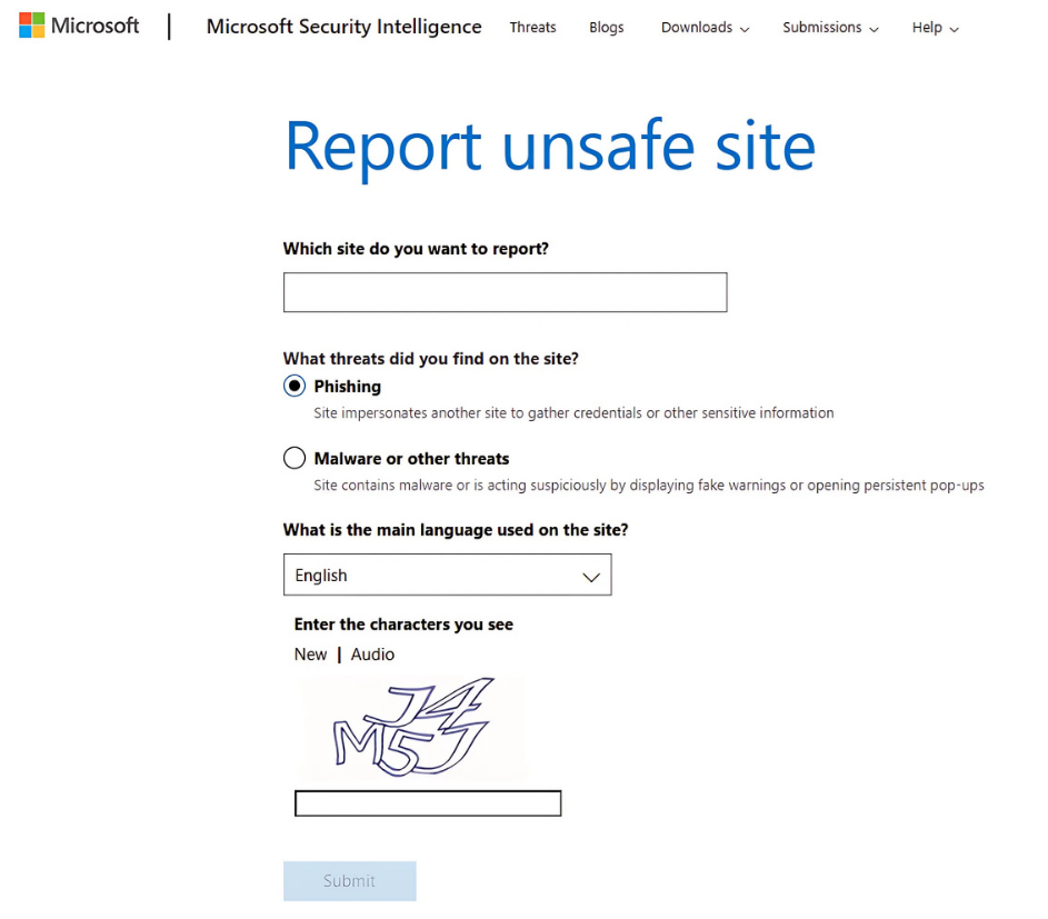 A visual guide detailing the required fields for reporting a website to Microsoft Security Intelligence.