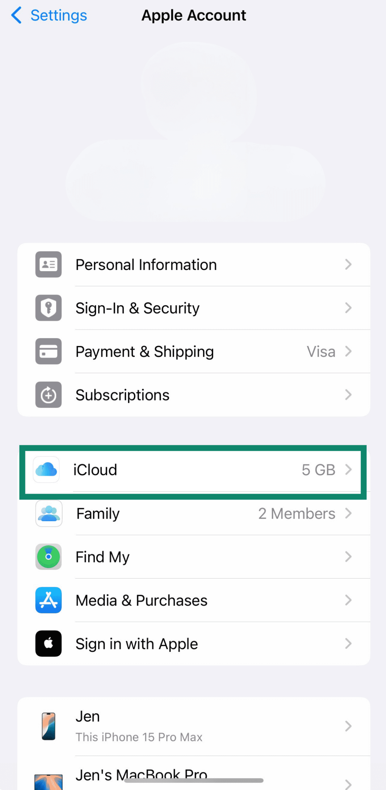 Apple Account screen in iPhone Settings showing iCloud option selected.