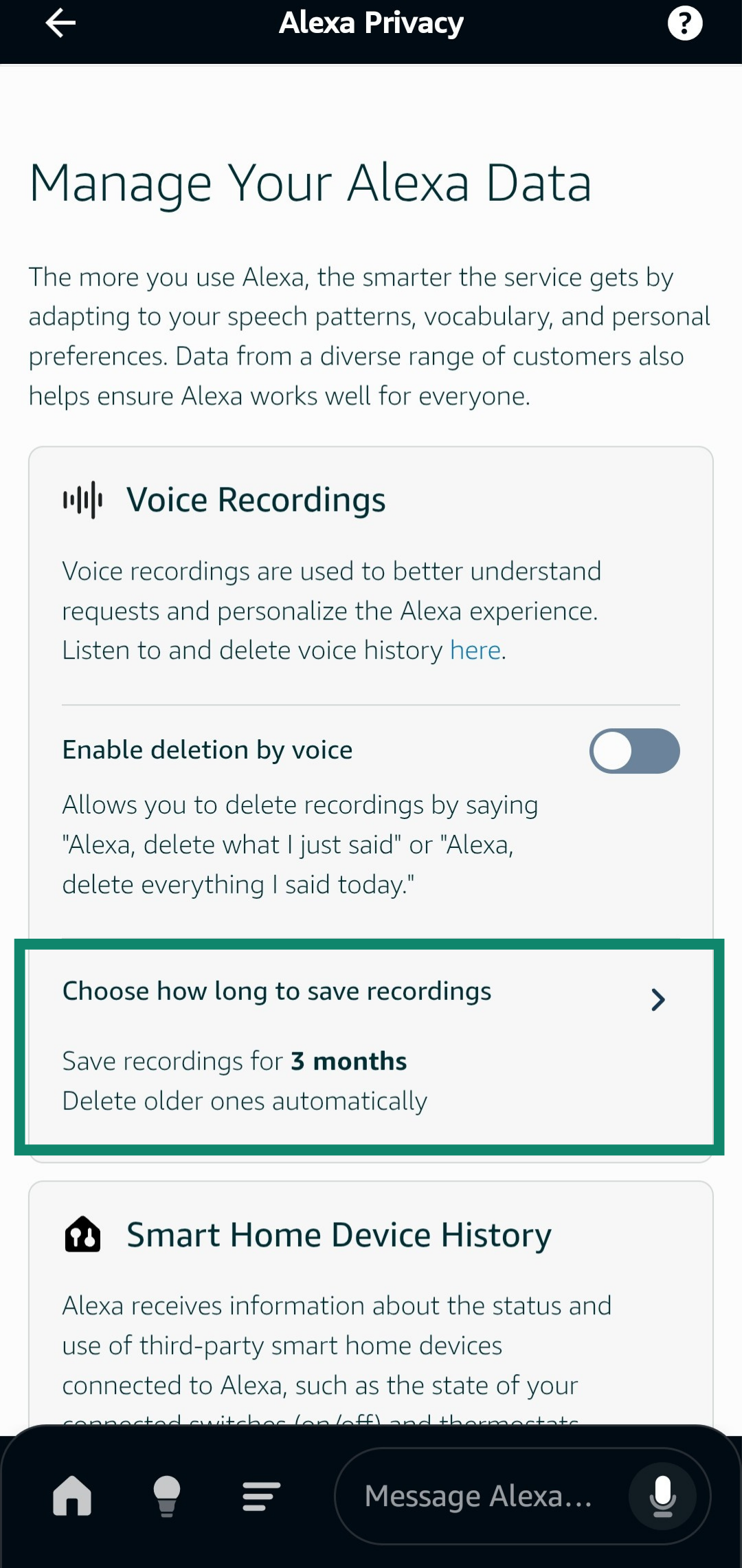 Opening the Choose how long to save recordings menu in the Amazon Alexa app.