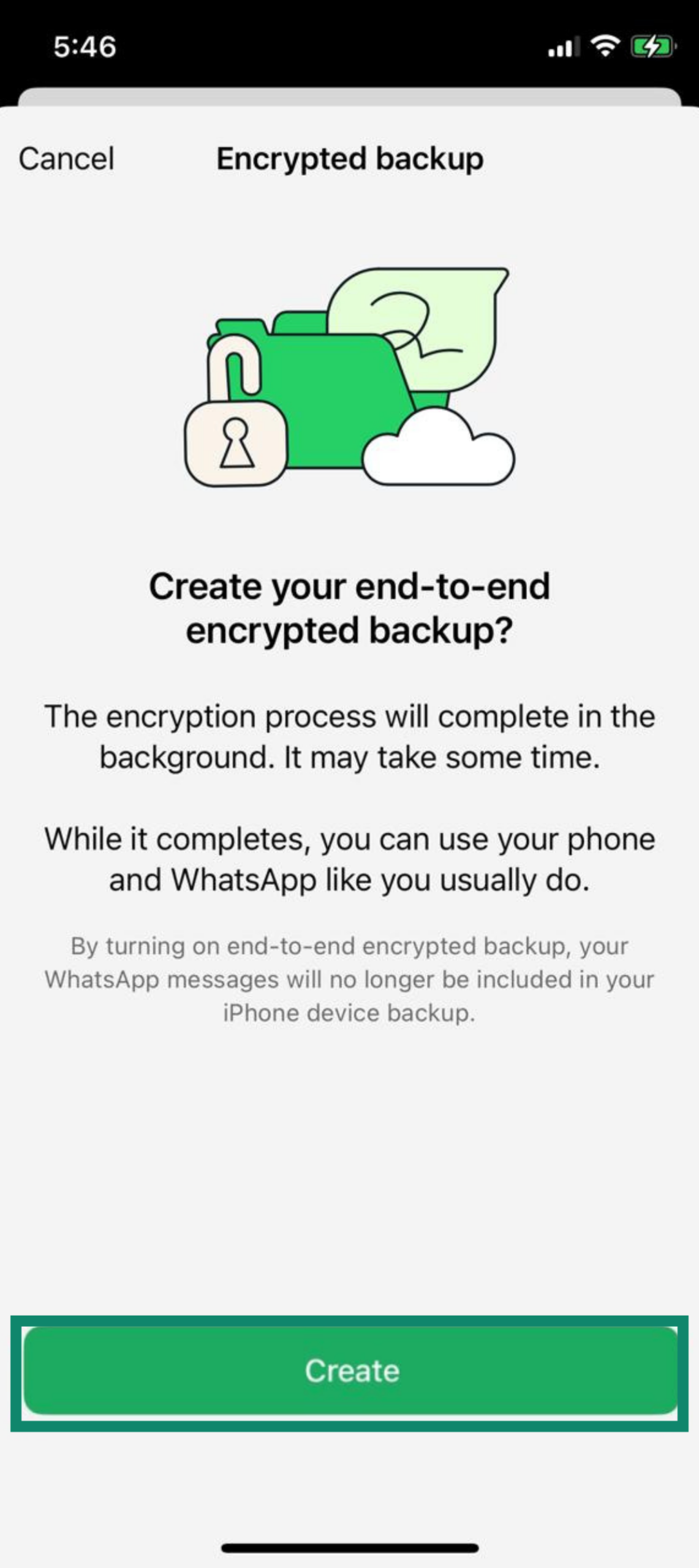 Confirmation screen asking to create end-to-end encrypted backup with Create button