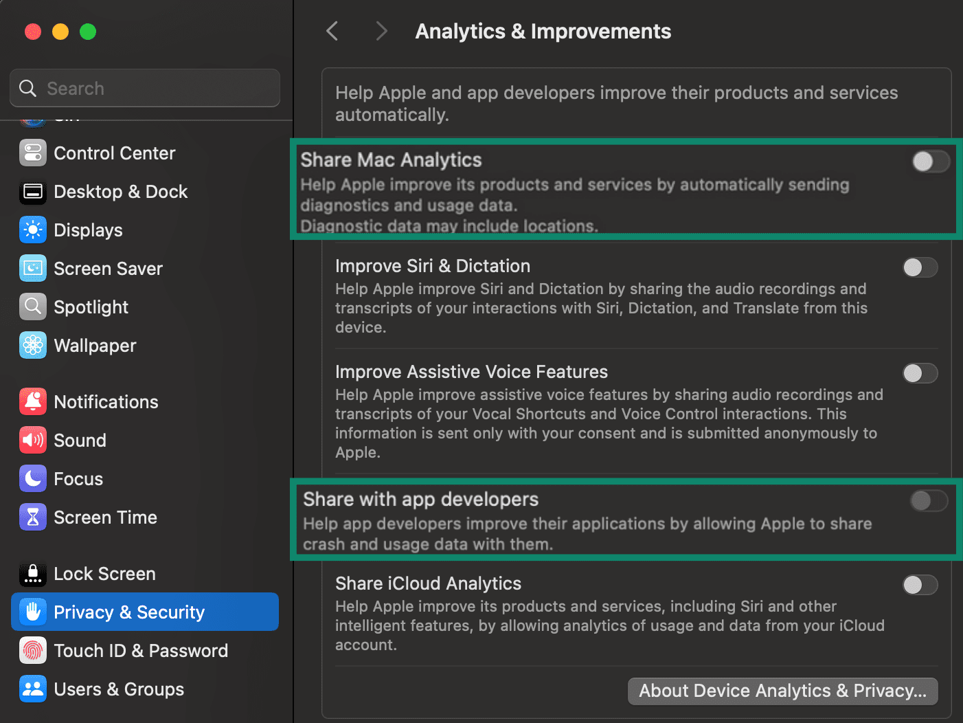 Mac Analytics & Improvements settings with Share Mac Analytics and Share with app developers toggles highlighted.