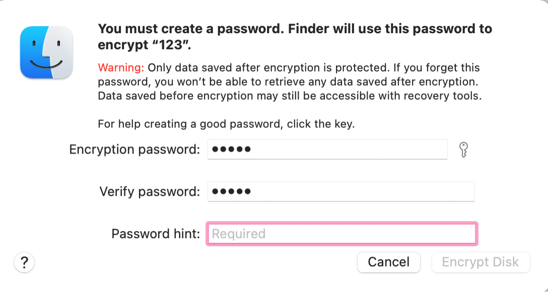Settings screen for encrypting a flash drive using Finder.