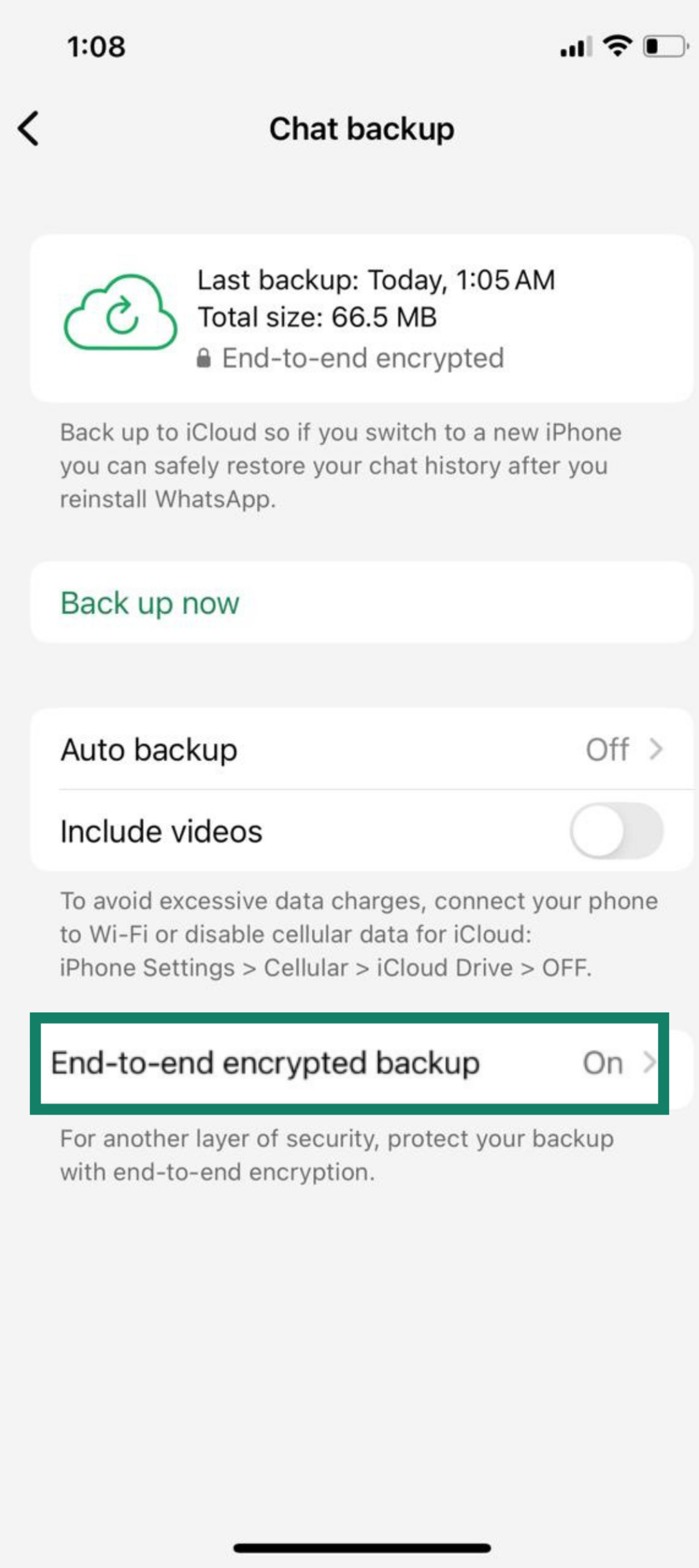 Chat backup in progress on iPhone with End-to-end encrypted backup set to On