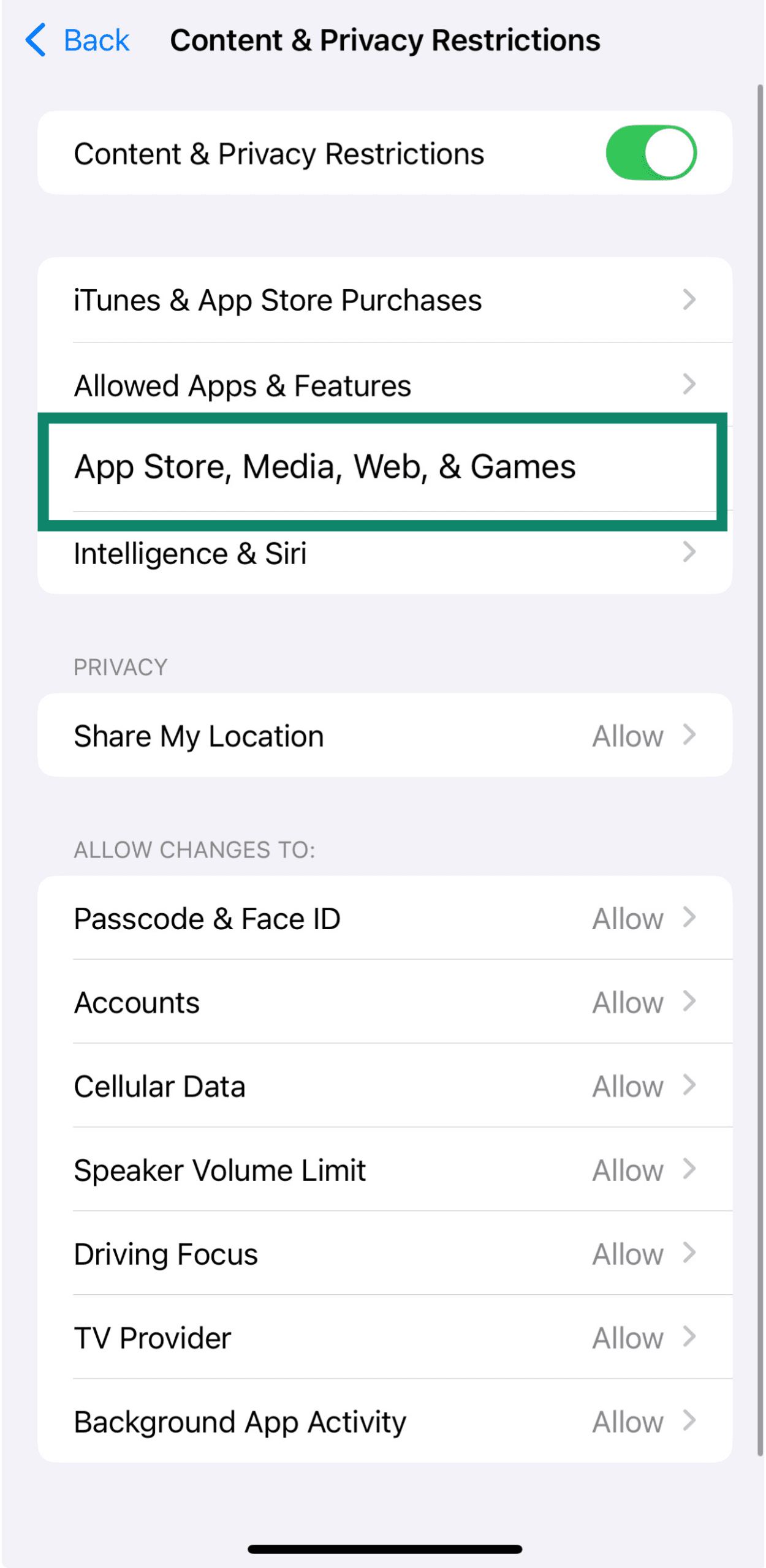 App Store, Media, Web & Games restrictions menu on iPhone
