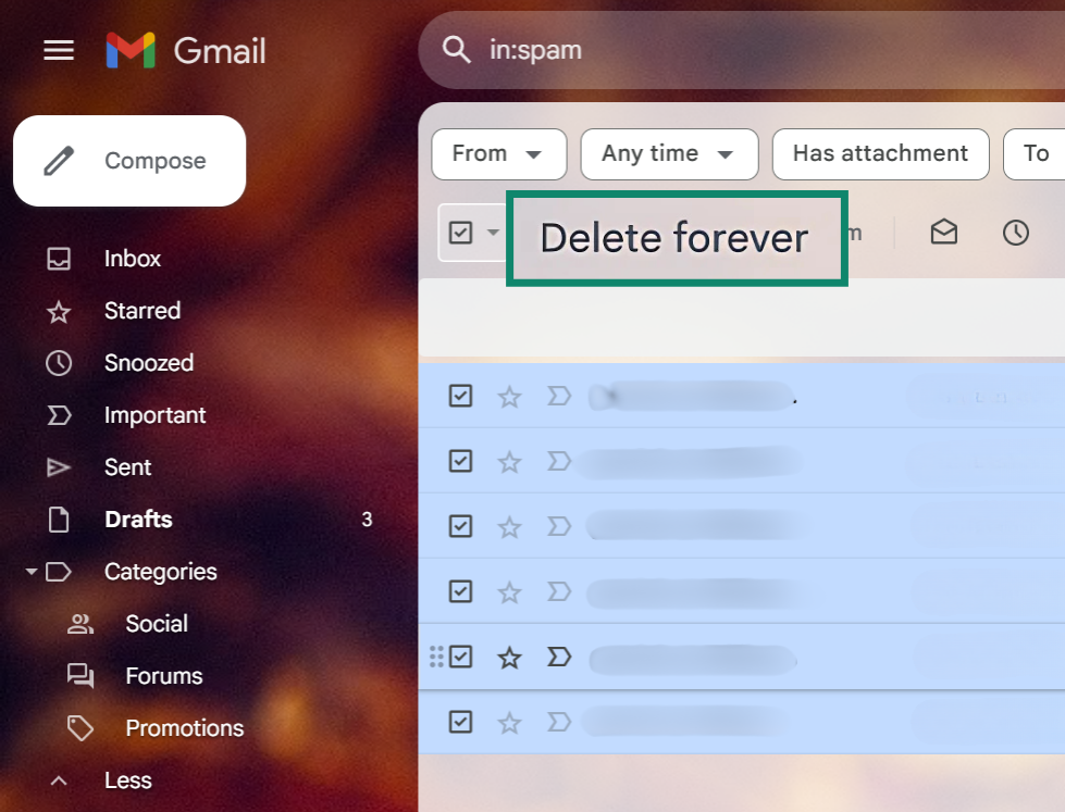Gmail interface showing how to delete all spam messages.