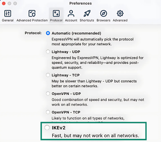 The Protocols tab of the ExpressVPN Preferences menu, showing the IKEv2 option.