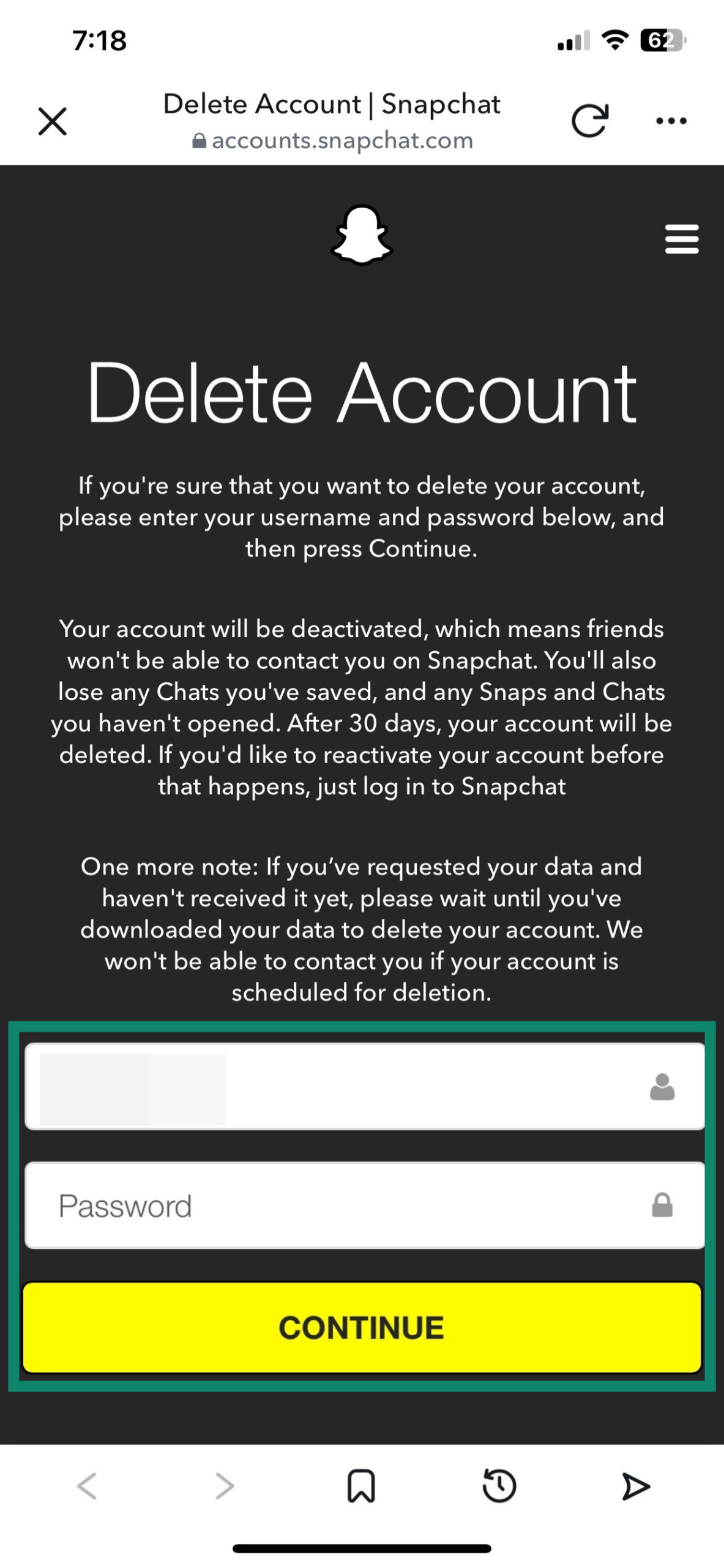 The Delete Account page for the Snapchat iOS app.