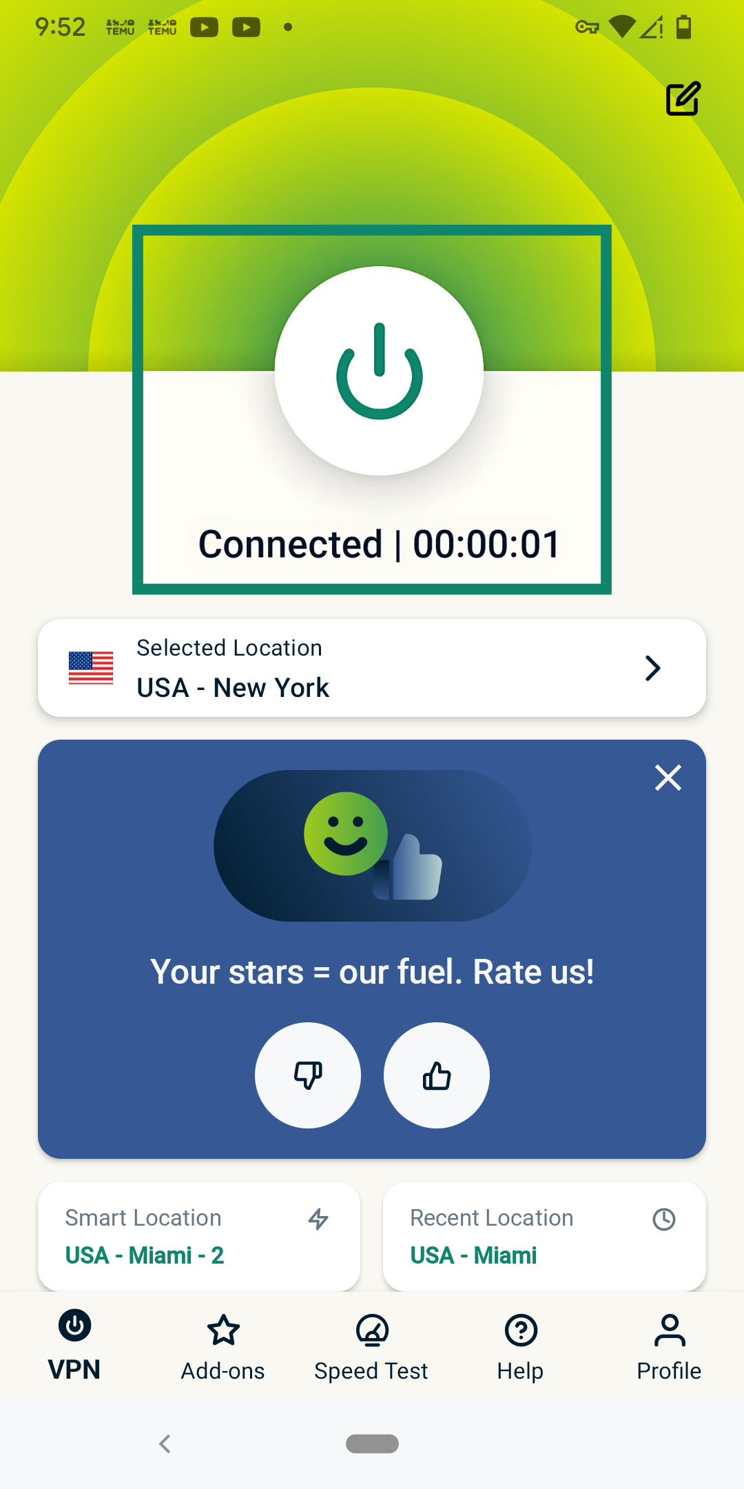 ExpressVPN app home screen connected to a server.