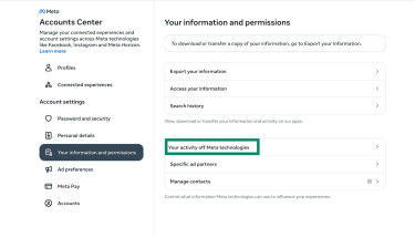 Accounts Center page with Your information and permissions open and Your activity off Meta technologies visible.