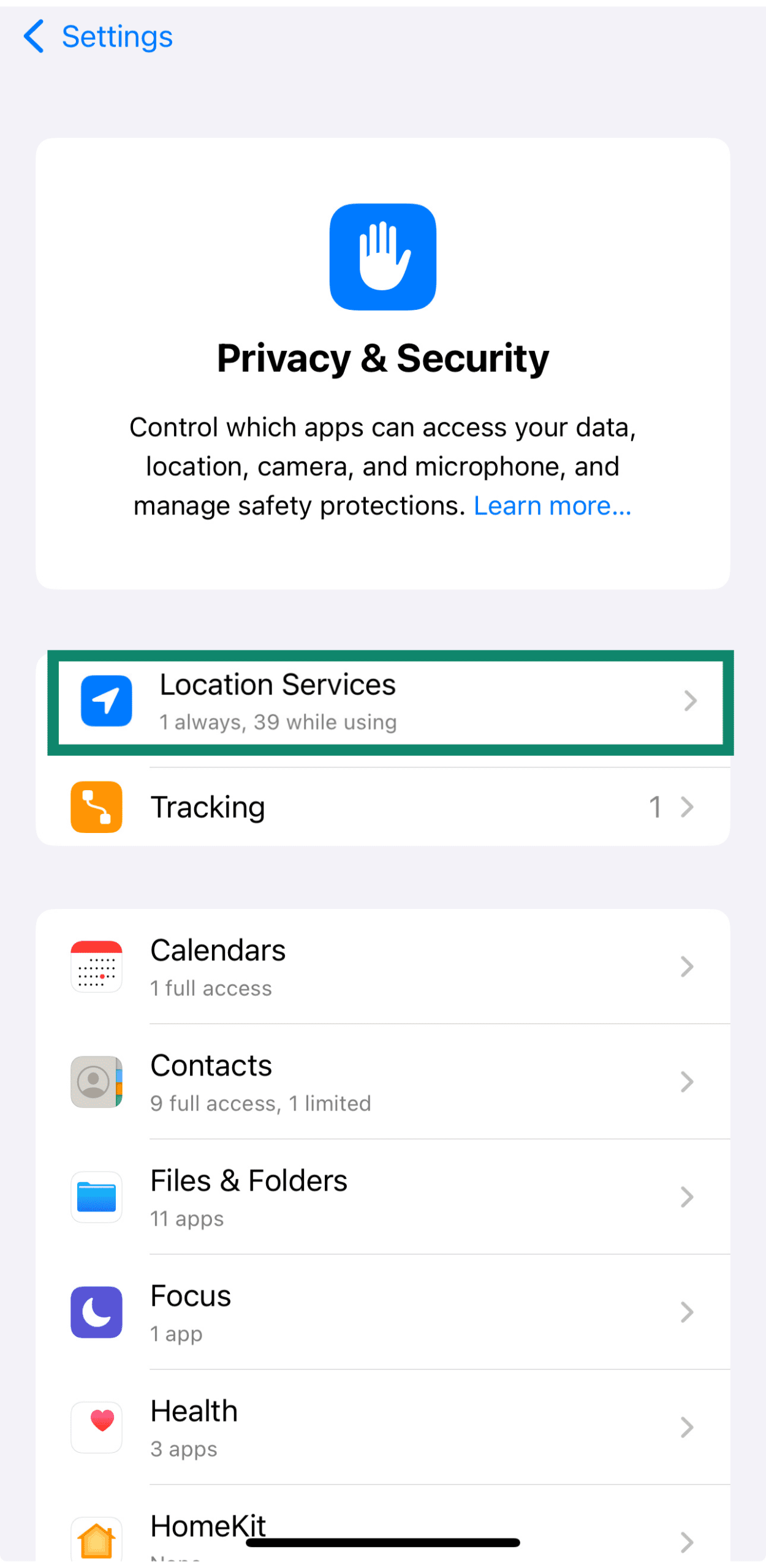 Privacy & Security settings with Location Services selected