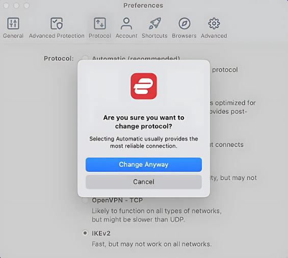 The ExpressVPN protocol change screen, with the Change Anyway button highlighted.