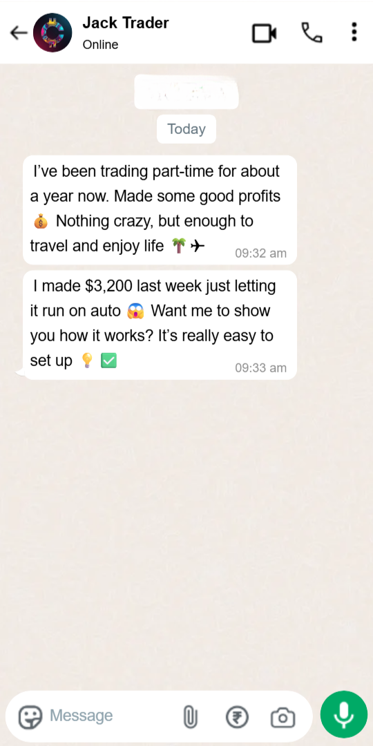 A message promoting a crypto get-rich-quick scam on WhatsApp. The sender boasts, 