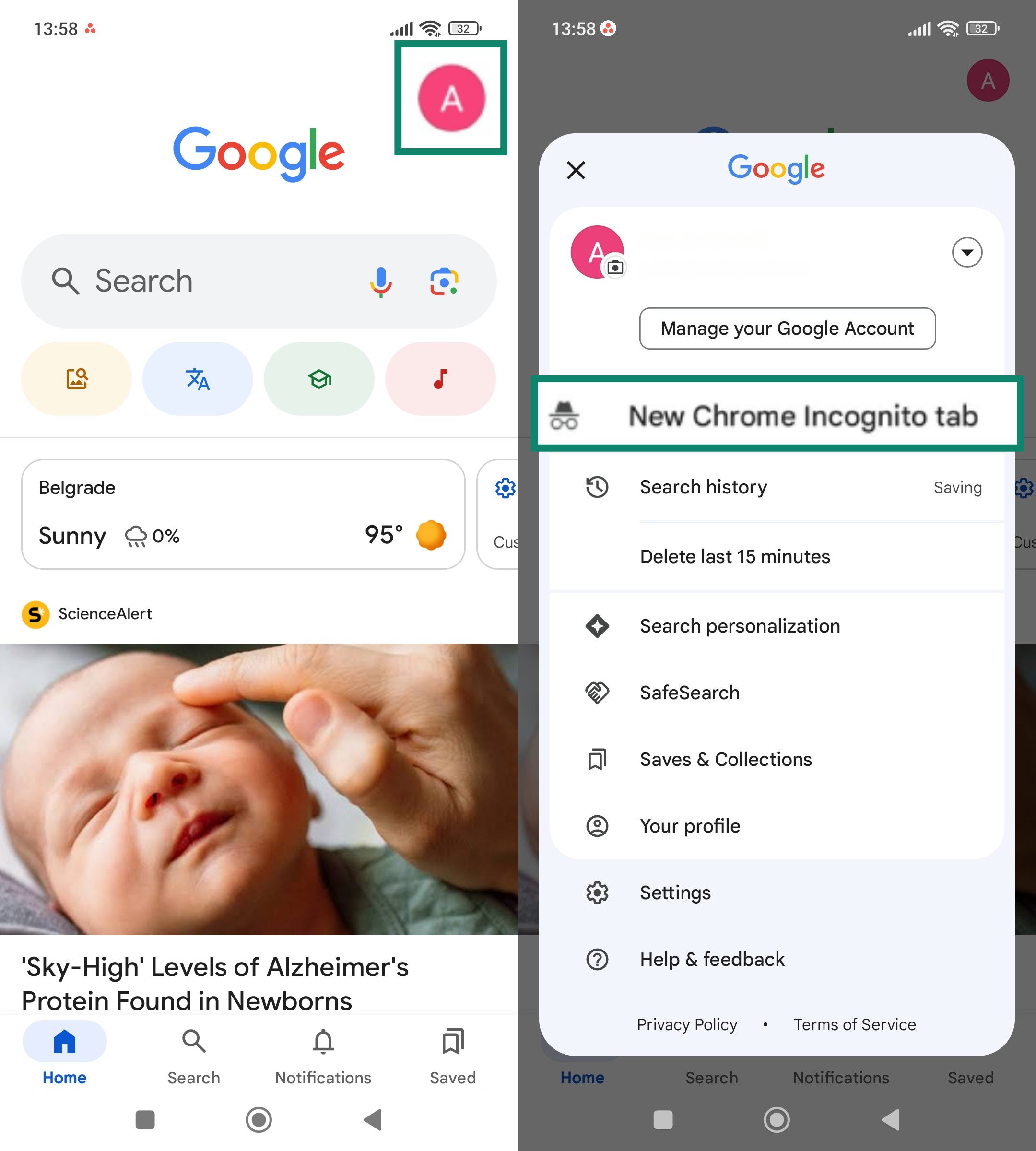 Two side-by-side screenshots of the Chrome app on Android. The left screenshot highlights the user’s profile icon in the bottom-right corner. The right screenshot shows the menu with 