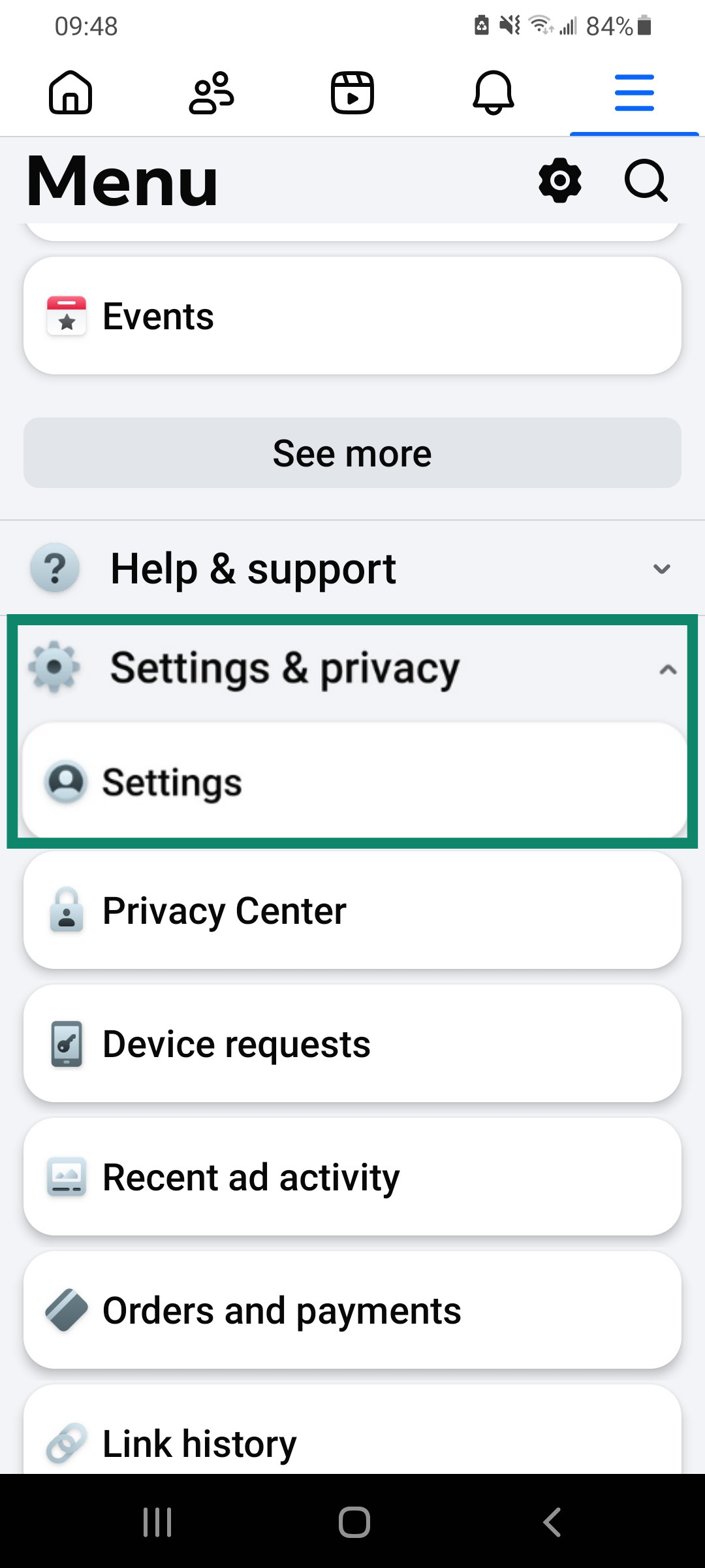 Facebook Android app Menu with Settings & privacy and Settings highlighted.