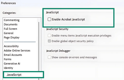 Image showing JavaScript option in Acrobat preferences.