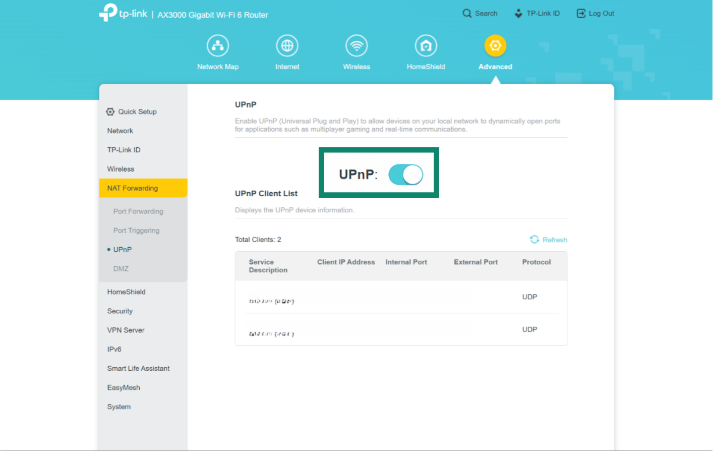 Router advanced settings showing Universal Plug-n-Play toggle