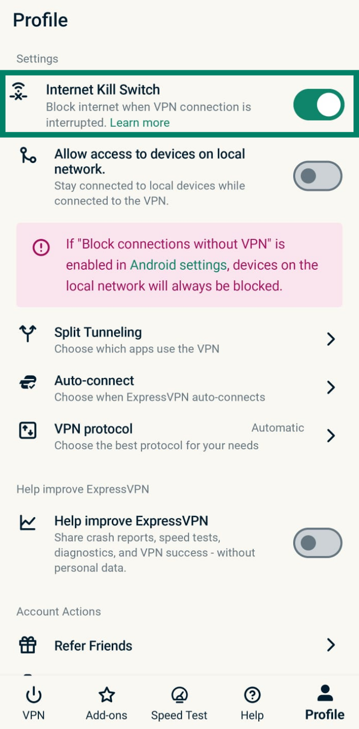 ExpressVPN Android app interface displaying the Profile tab with Internet Kill Switch toggled on.