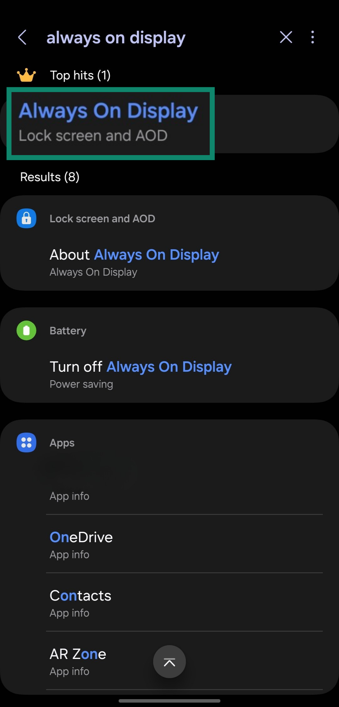 Searching for the Always On Display feature in a Samsung phone's settings menu
