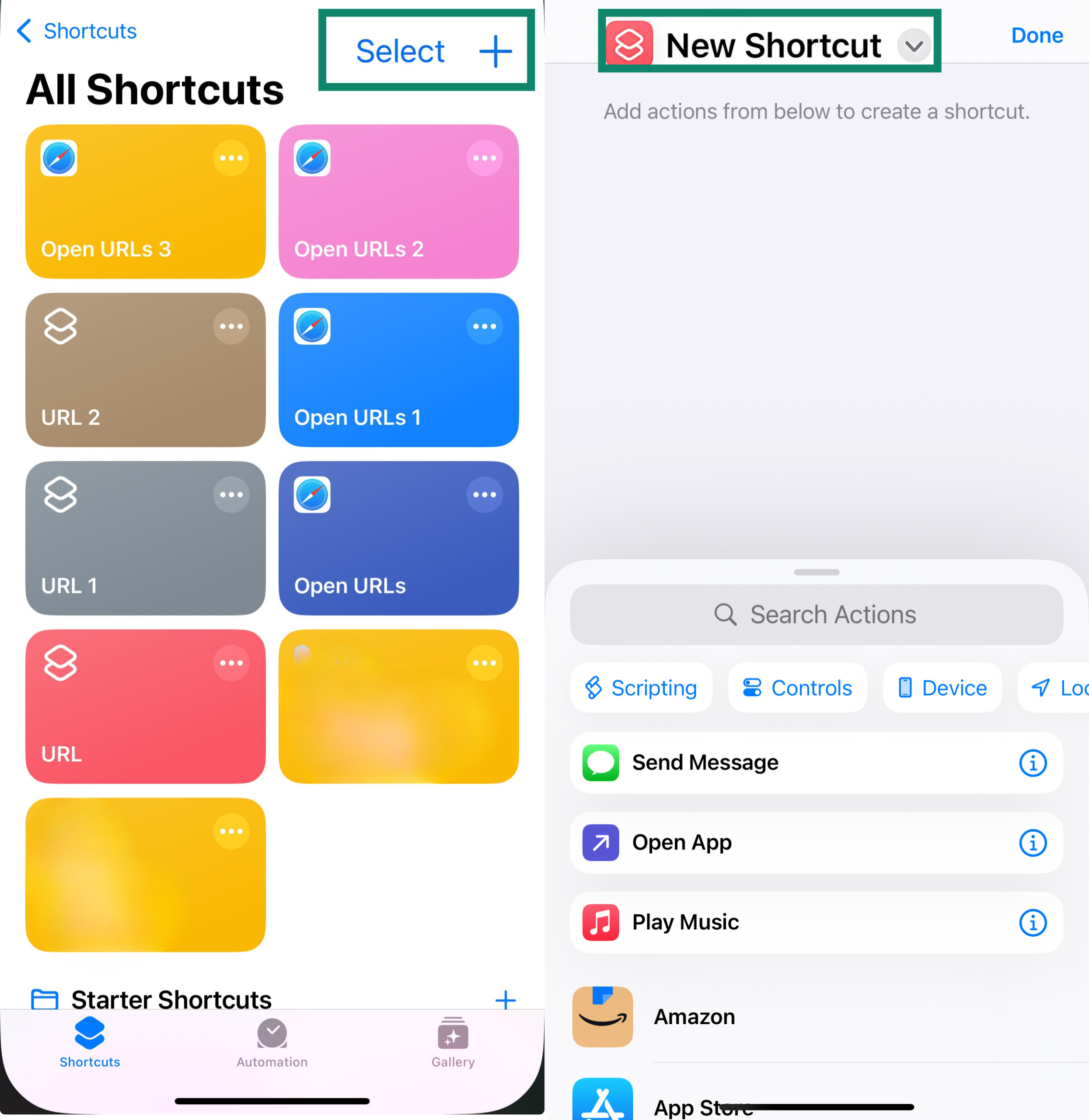The Shortcuts app Select button and New Shortcut button of an iPhone.