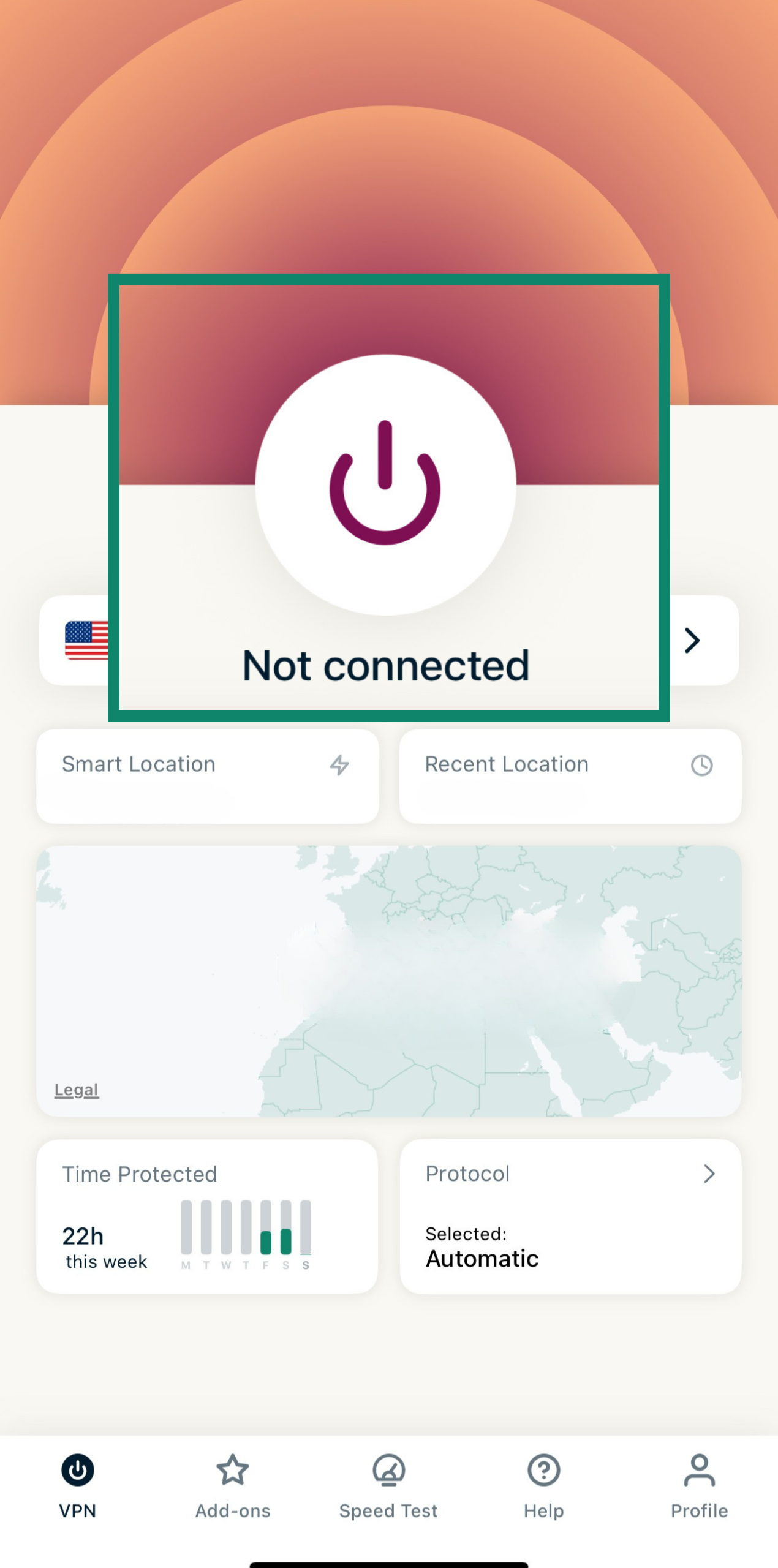 ExpressVPN app showing not connected status on iPhone