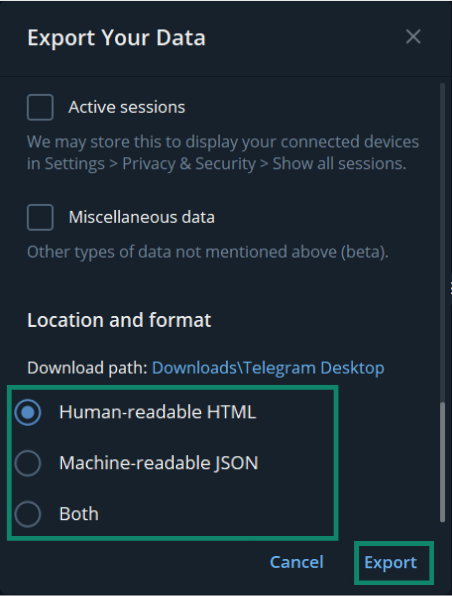 Choosing preferred data format when downloading Telegram data.
