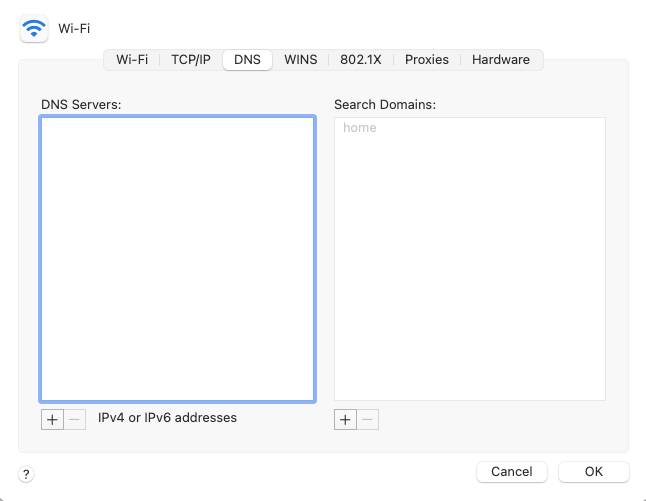 The DNS page of the Advanced Wi-Fi settings of a Mac, showing the DNS servers for the current network connection.