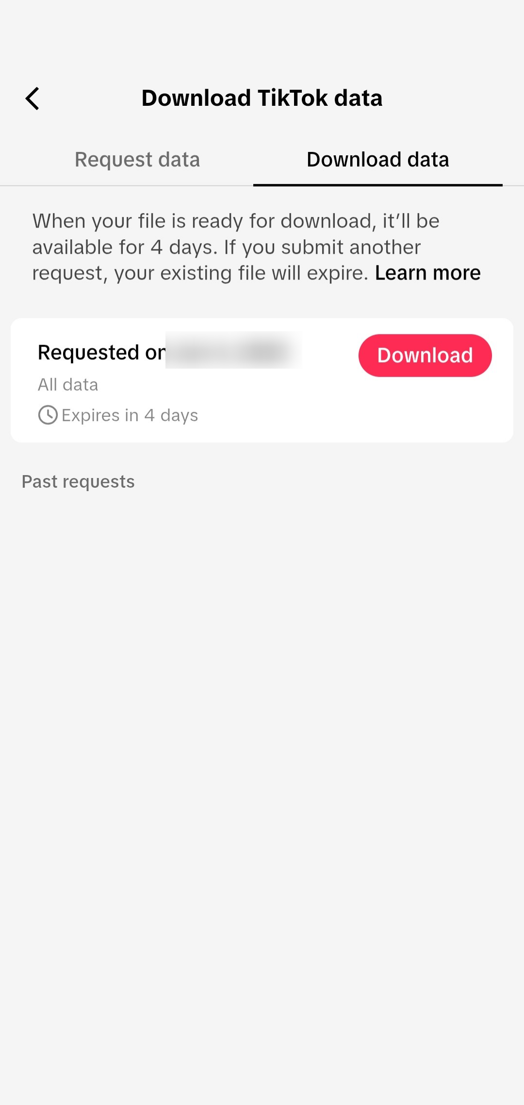 Screenshot showing how to begin downloading personal data from TikTok
