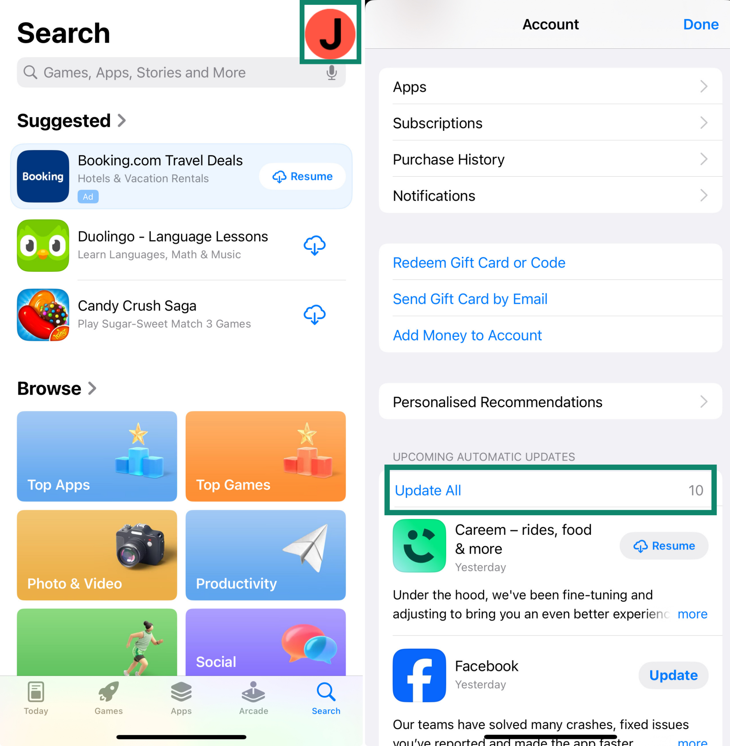 App Store account settings showing profile icon and Update All option.