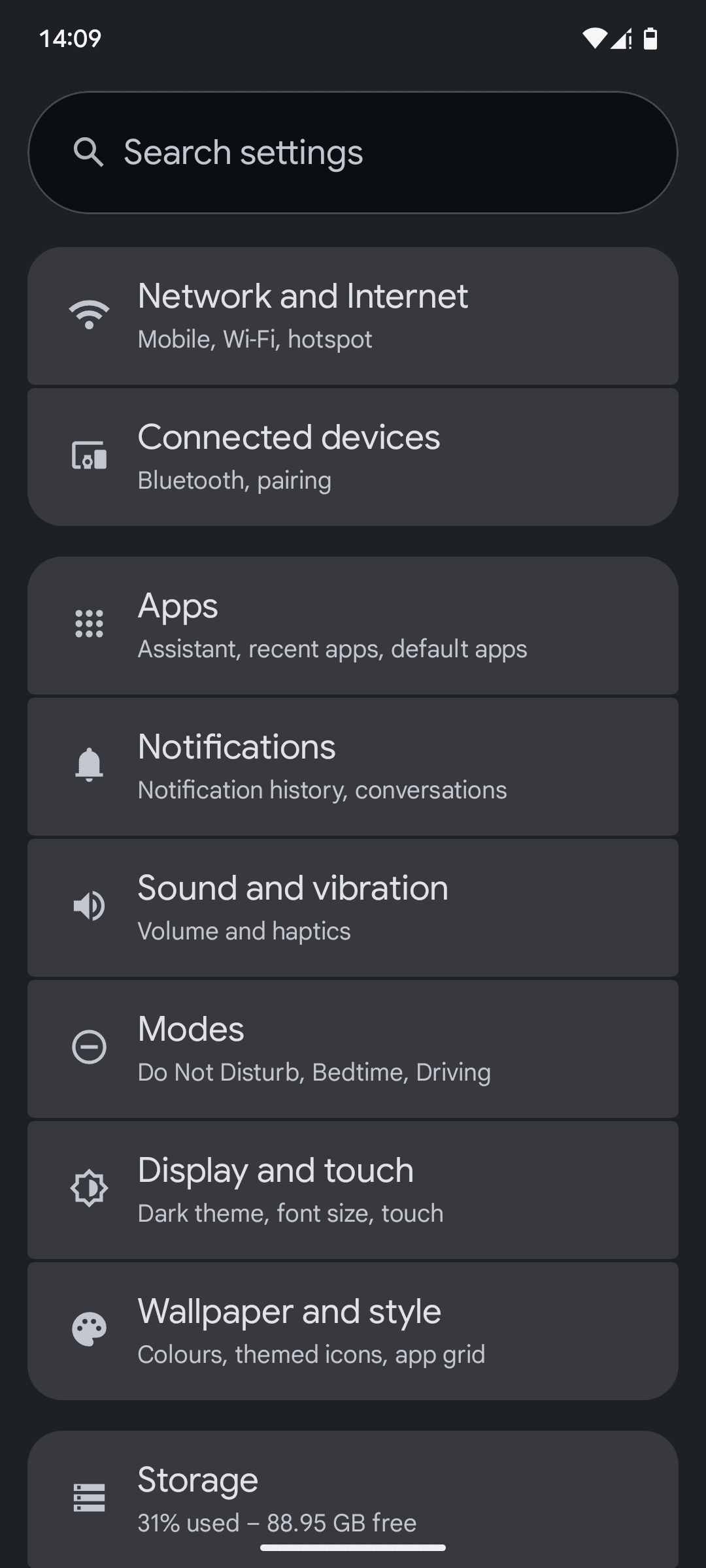 The main page of the Settings app on an Android phone.