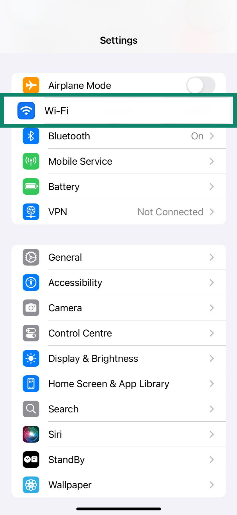 iOS Settings page with the Wi-Fi option highlighted