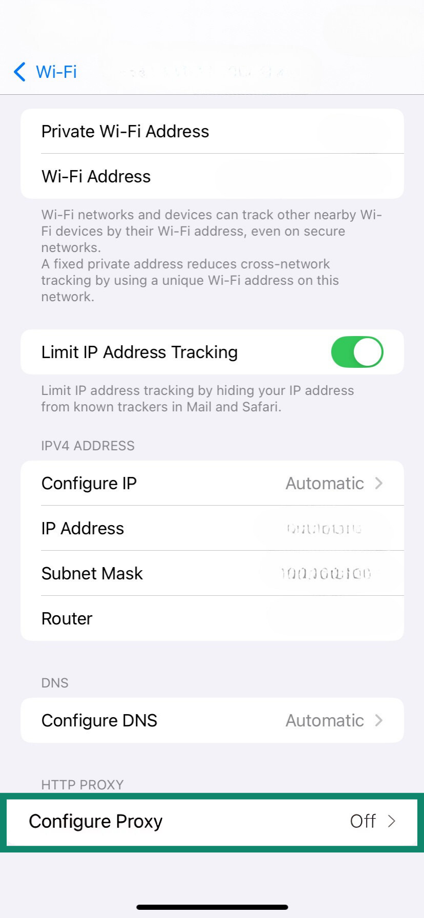 The Wi-Fi settings display of an iPhone emphasizing the Configure Proxy box.